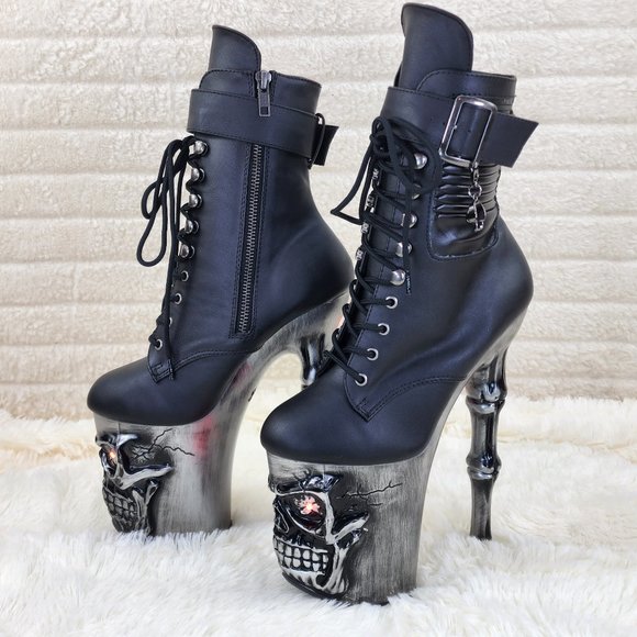 Skull & Bones 8" Heel 4" Platform Ankle Boots W Vortex Static Lighted Eyes
